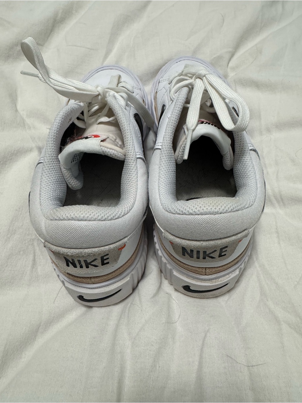 Nike White Leather Platform Sneakers with Black Swoosh and Tan Trim - Picture 5 of 8